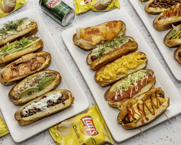 A variety of loaded Diggity Dogs hot dogs